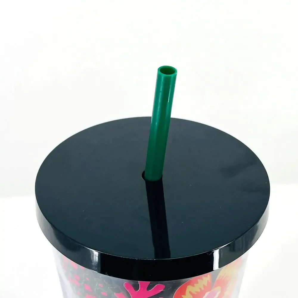 Starbucks X Ban.do Floral Rose Cold Cup Tumbler 24 oz Black Pink Straw Travel
